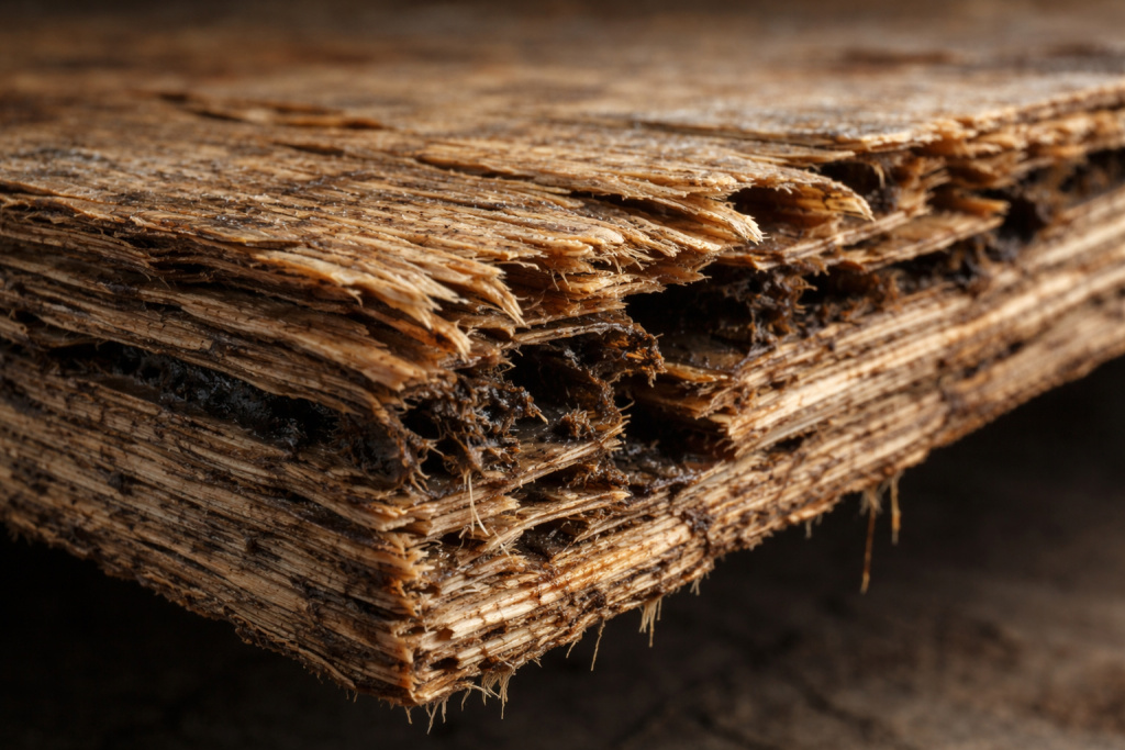 Фото, на котором показано влияние воды на фанеру